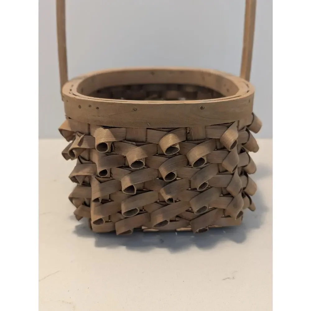 Vtg. Porcupine Curl Splint Wood Basket Curly Weave Moving Handle 9